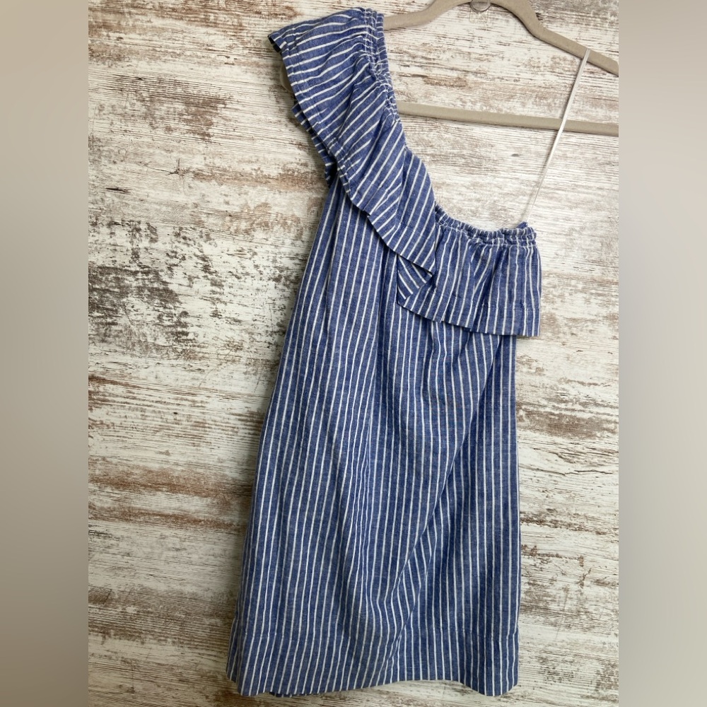 Madewell One-Shoulder Blue White stripe Linen Blend dress sz XS EUC - Picture 5 of 5